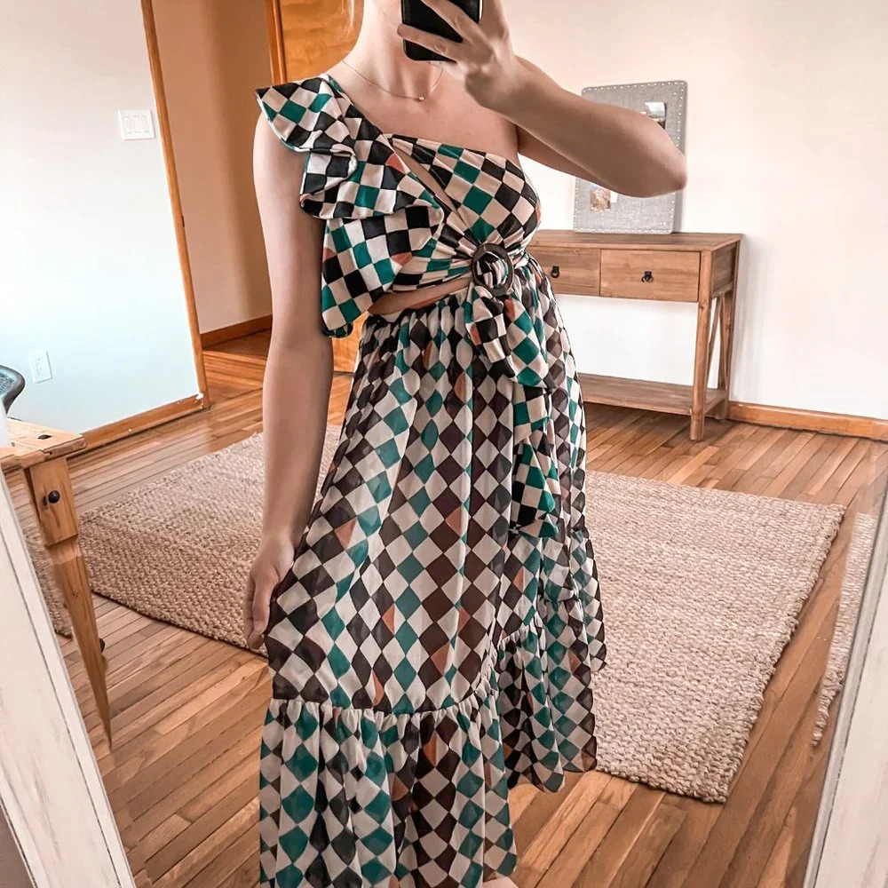 Patbo Check Printed Teal Multi One Shoulder Knee Length Beach Midi Dress S NWT